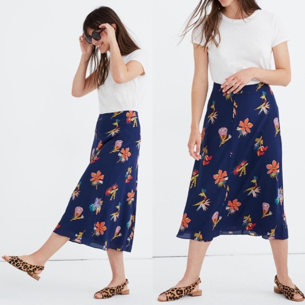 Navy Madewell Midi Skirt w Floral Pattern